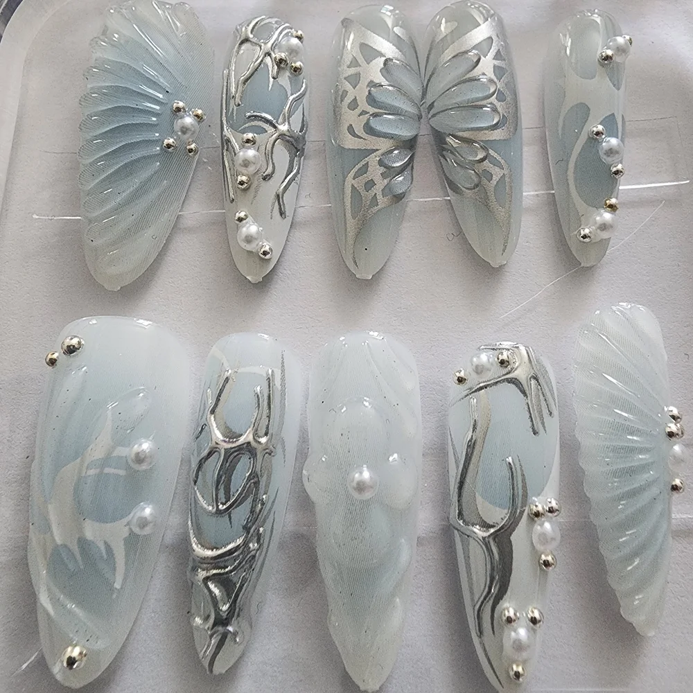 3D Mermaid Core Stiletto Press On Nails - Butterfly & Shell - Size Medium